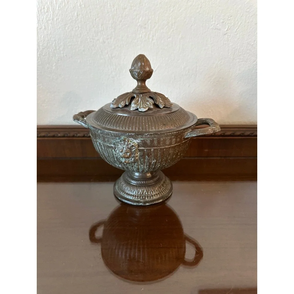 Solid Brass Urn Style Bowl Lid Trinket Pedestal Double Lion Heads‎ Shelf Decor